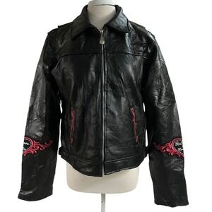 Diamond Plate Jacket Womens XL Black Genuine Leather Embroidered Biker Style